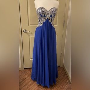 Blue Formal Floor Length A-Line Dress with Silver & Gem Details & Corset Back